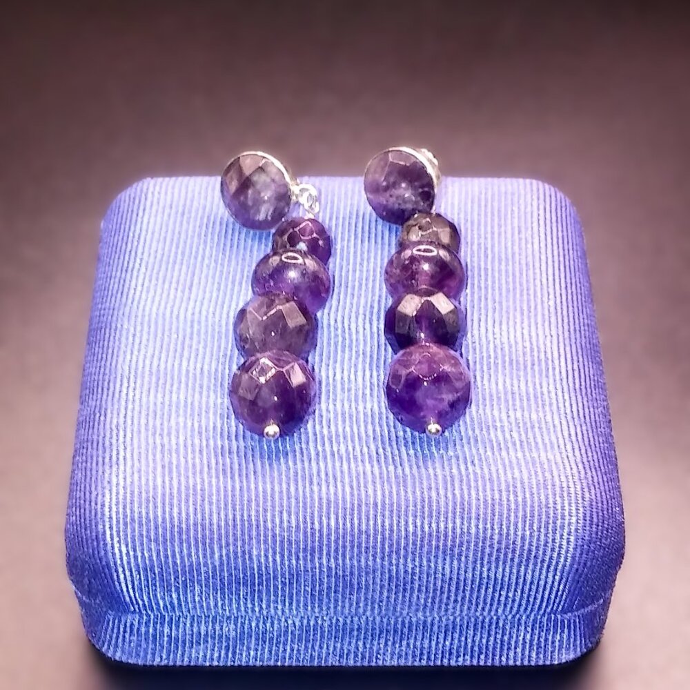 925 Sterling Silver Amethyst Graduated Bezel Set & Bead Dangle Post Vtg Earrings